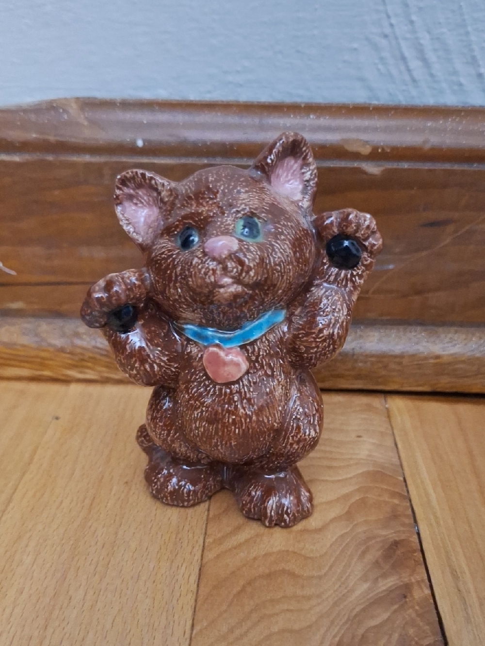 Brown Small Pet Figurine Toy with Blue Collar and Heart Tag